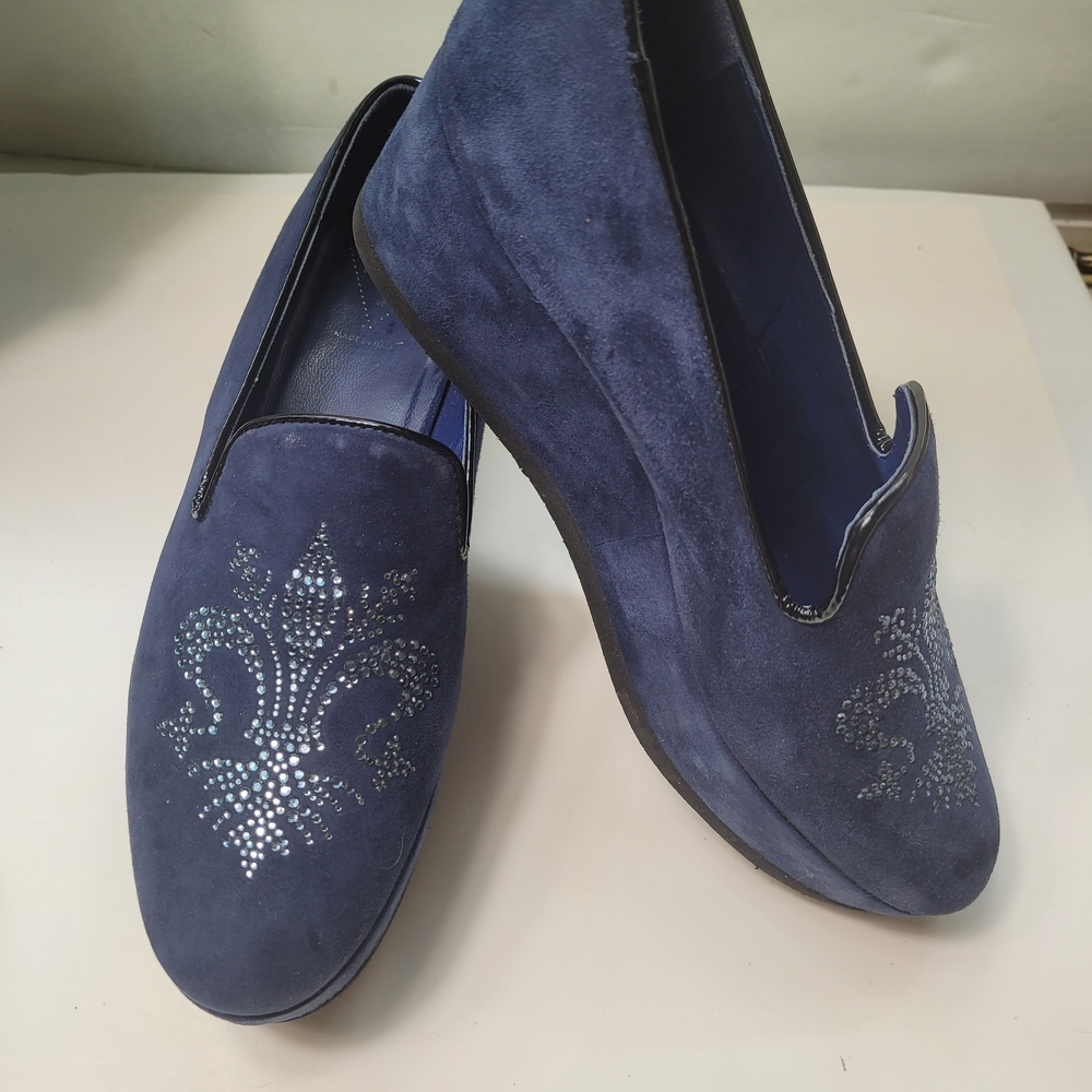 Valentina Navy Suede Loafers with Silver Accents